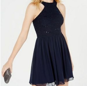 Navy blue high neck lace fit and flare mini dress sz 1 NWOT